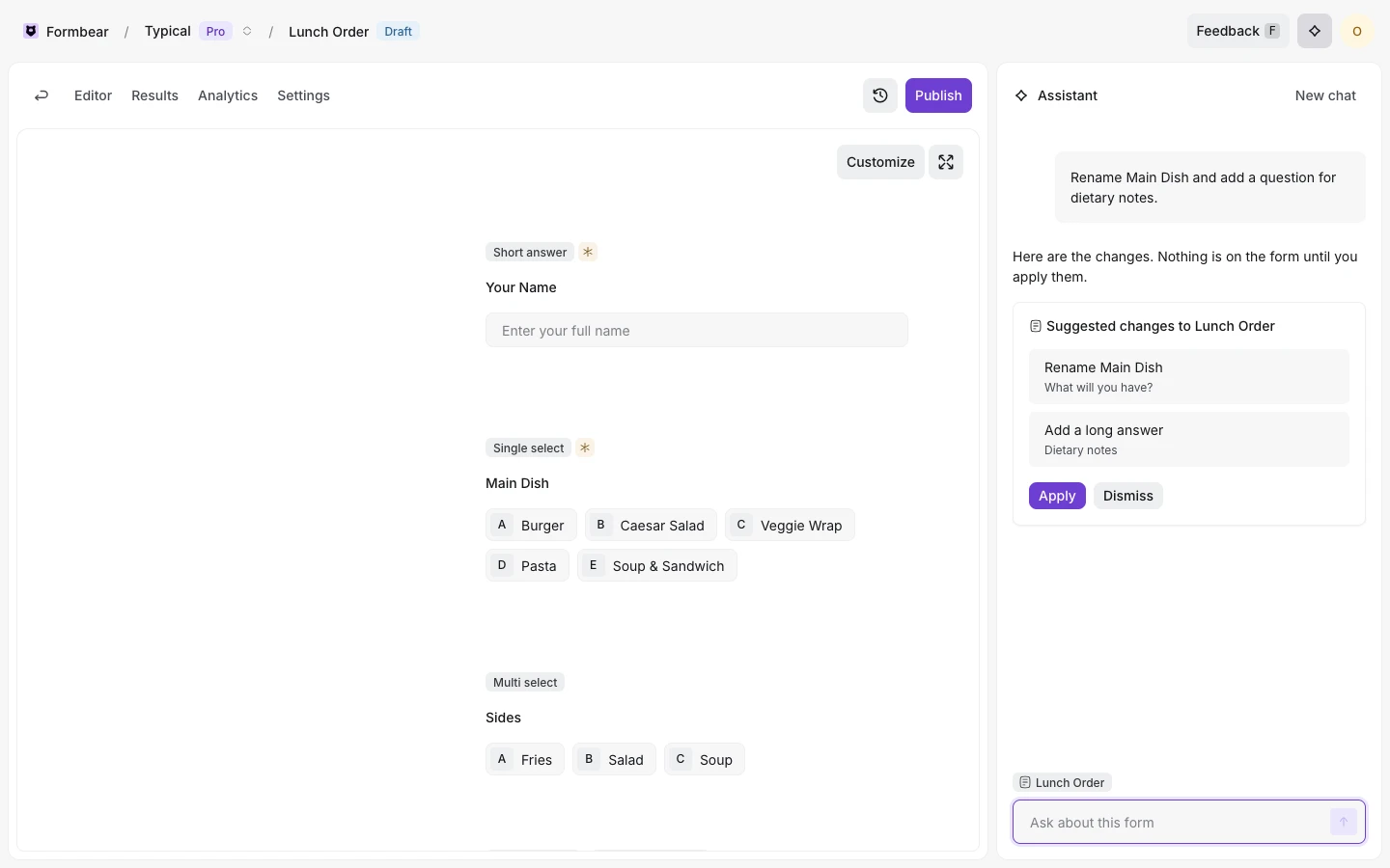 The AI assistant panel beside the editor, with suggested changes waiting to be applied or dismissed.