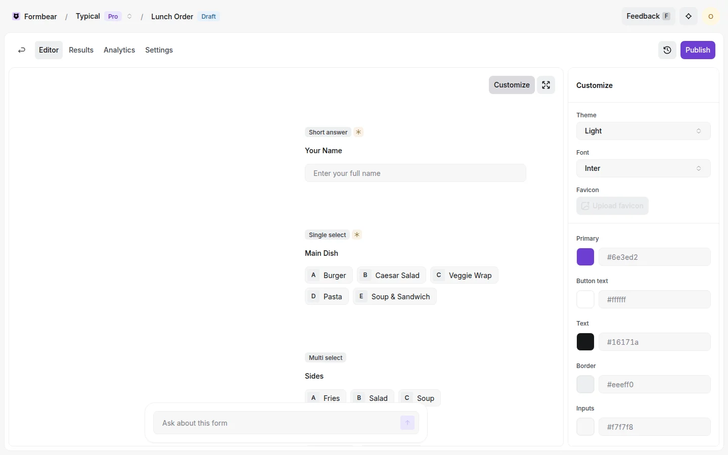 The form editor with the Customize panel open beside a lunch order form.
