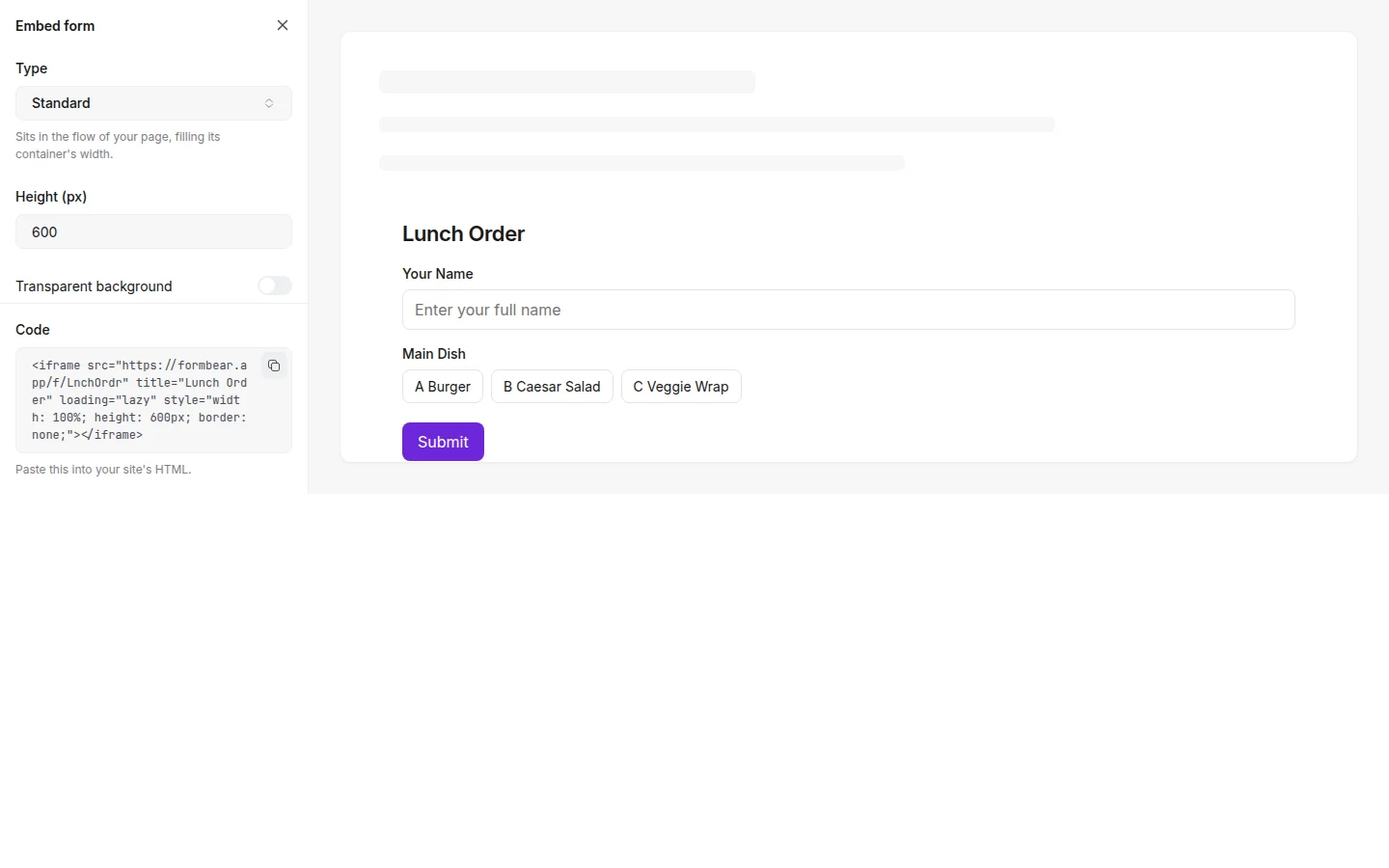 The embed dialog for a published form, with the embed type, height, and code.